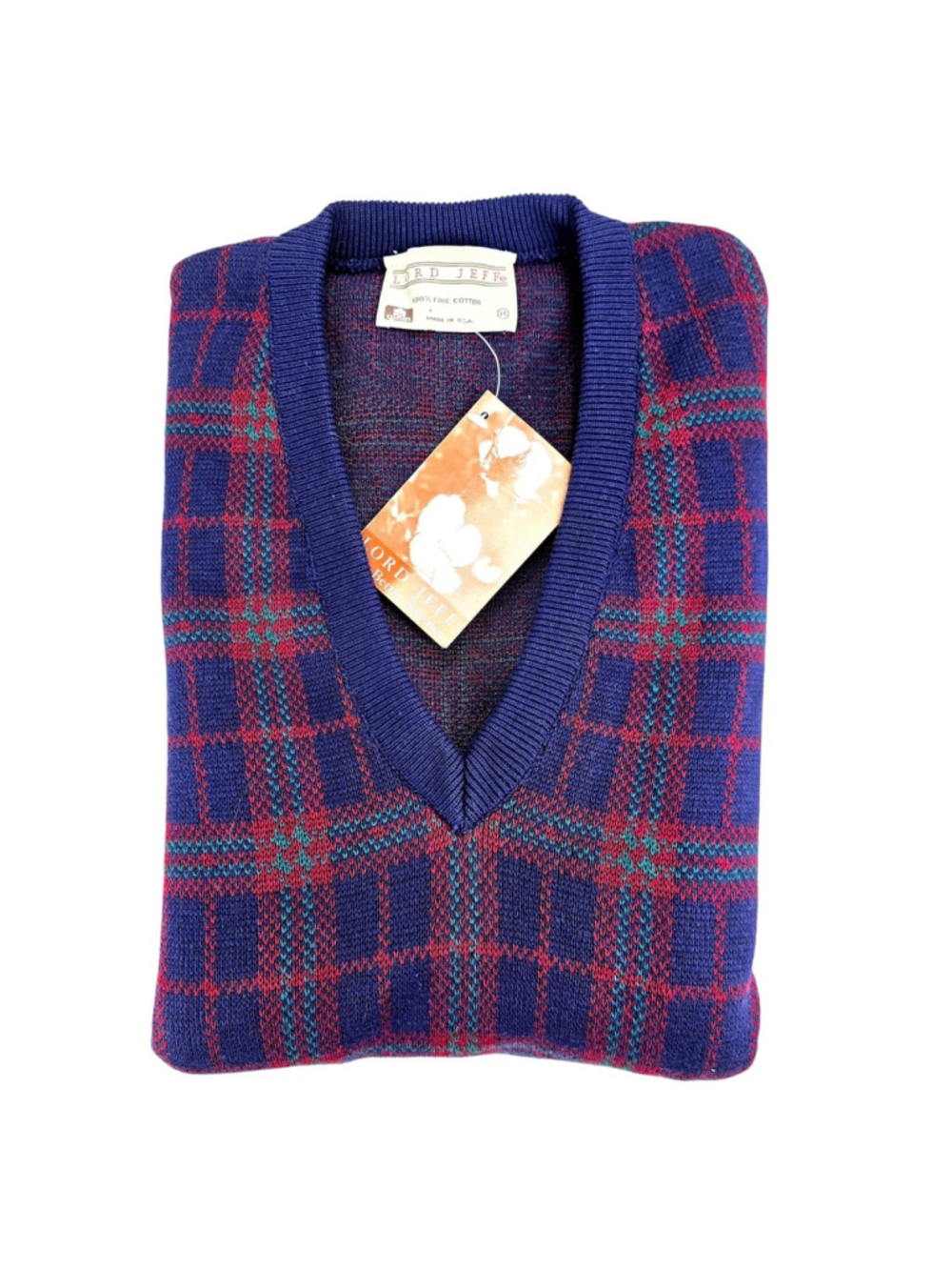 Vintage 80s 90s Lord Jeff Golf Sweater Mens M Plaid V Neck USA NWT Cotton